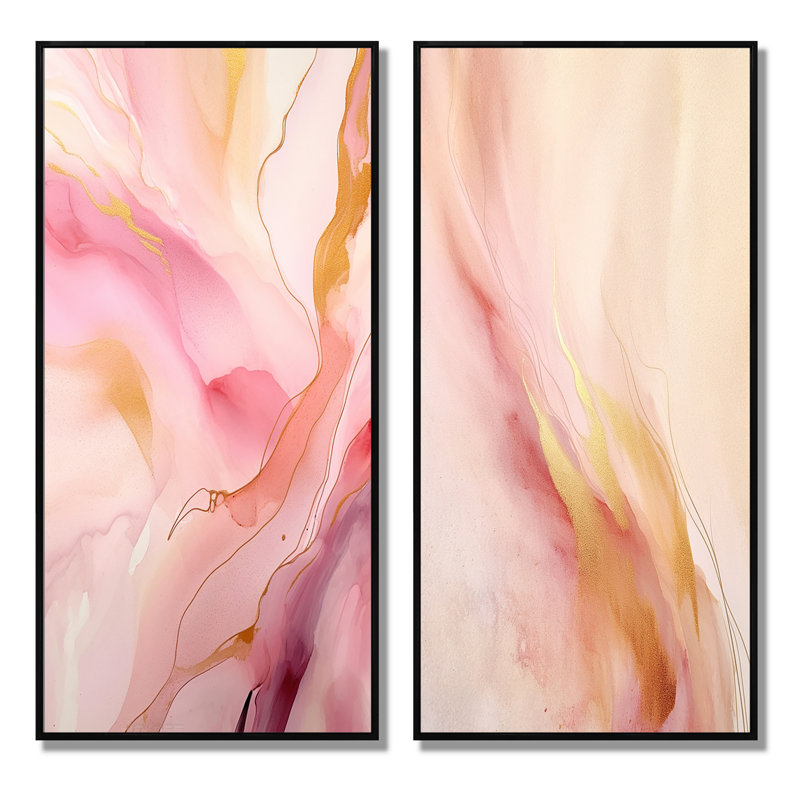 «Pink And Gold Enchanted Spills», 2 pièces sur toile, Cadre noir, H 32 po x l 32 po