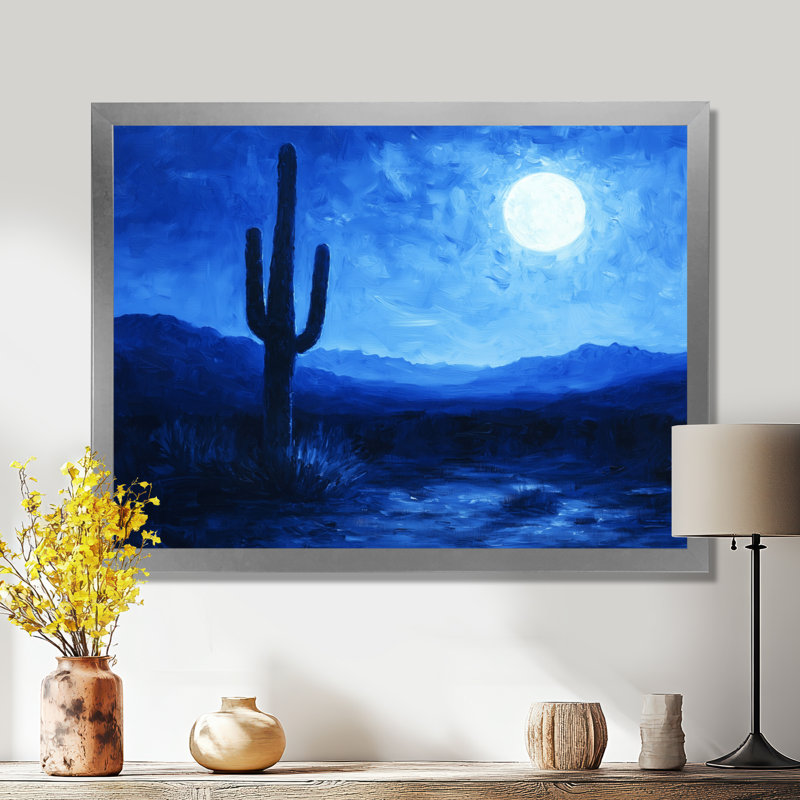 Cactus sous le désert, étoiles bleues II - art mural grand cactus, Argent argent, Cadre simple, H 24 po x l 32 po