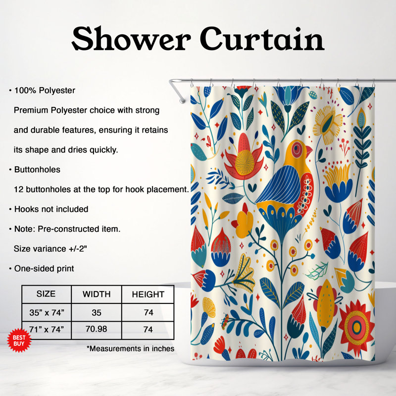 Folk Floral - Premium Shower Curtain, 74"H x 71"W