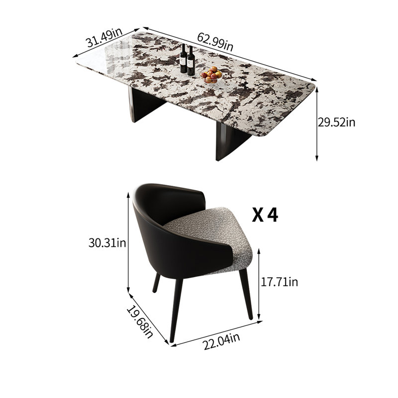 Ensemble de table de salle à manger moderne et simple en marbre de luxe, H 29,52 po x L 62,99 po x l 31,49 po