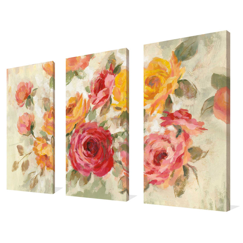 " Brushy Roses " 3 - Pieces, 36" H x 24" W x 0.75" D