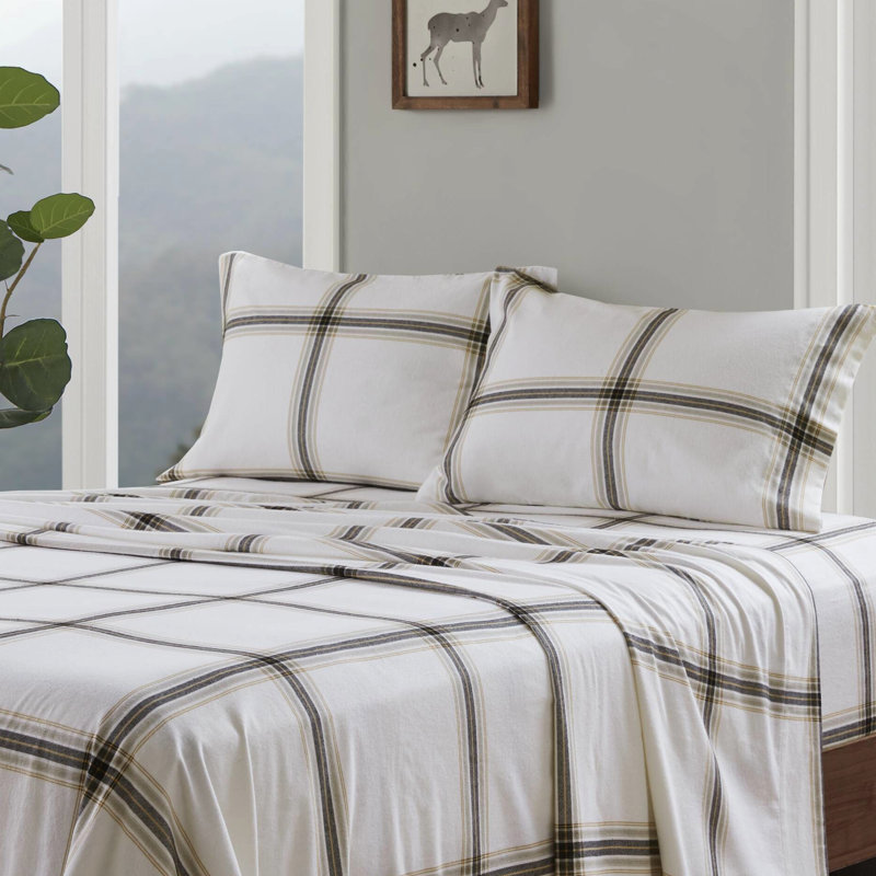 Drap-housse brun clair 4 pièces pour lit simple / double jusqu'à 12 po en flanelle de coton 100% grand / très grand / très doux 14 po avec 1 housse et 2 taies d'oreiller entièrement élastiques Lavable à la machine - sans produits chimiques nocifs