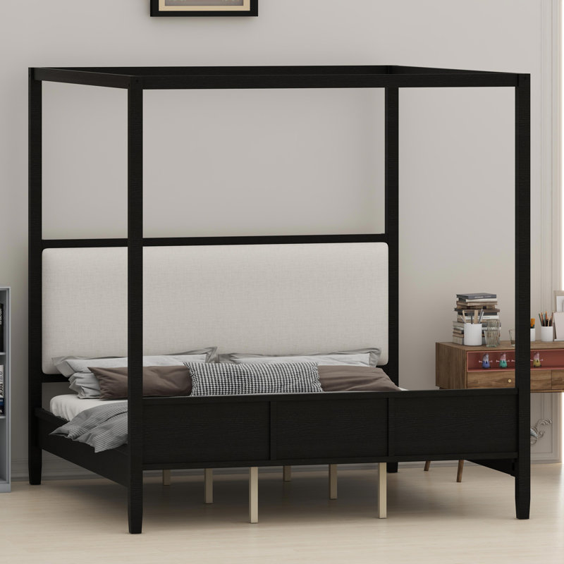 Lit plateforme classique à baldaquin en bois avec tête de lit rembourrée, Black