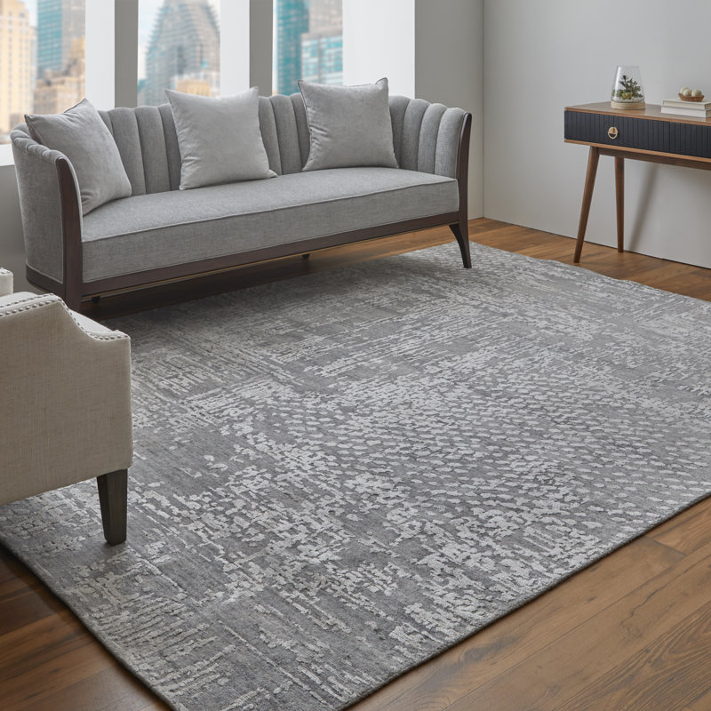 Tapis gris abstrait en viscose tissé à la main, Rectangle 2 pi x 3 pi