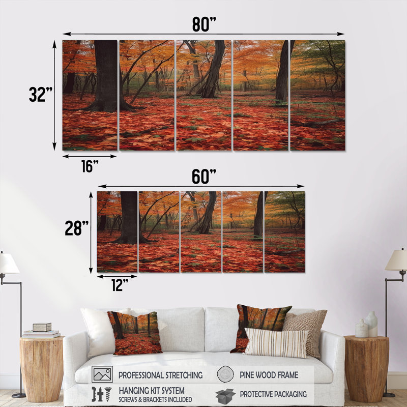 Feuilles d'automne dans la forêt d'érable - décoration murale arbre séquoia 5 pièces, H 28 po x l 60 po