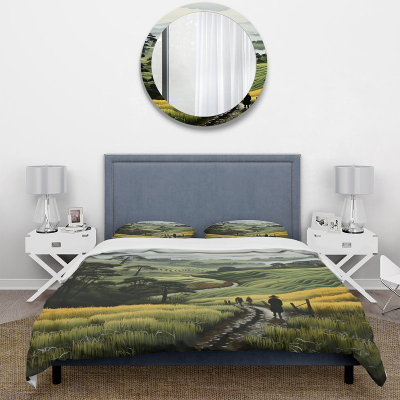 Ensemble de housse de couette en microfibre / polyester Countryside Foggy Green Hillside
