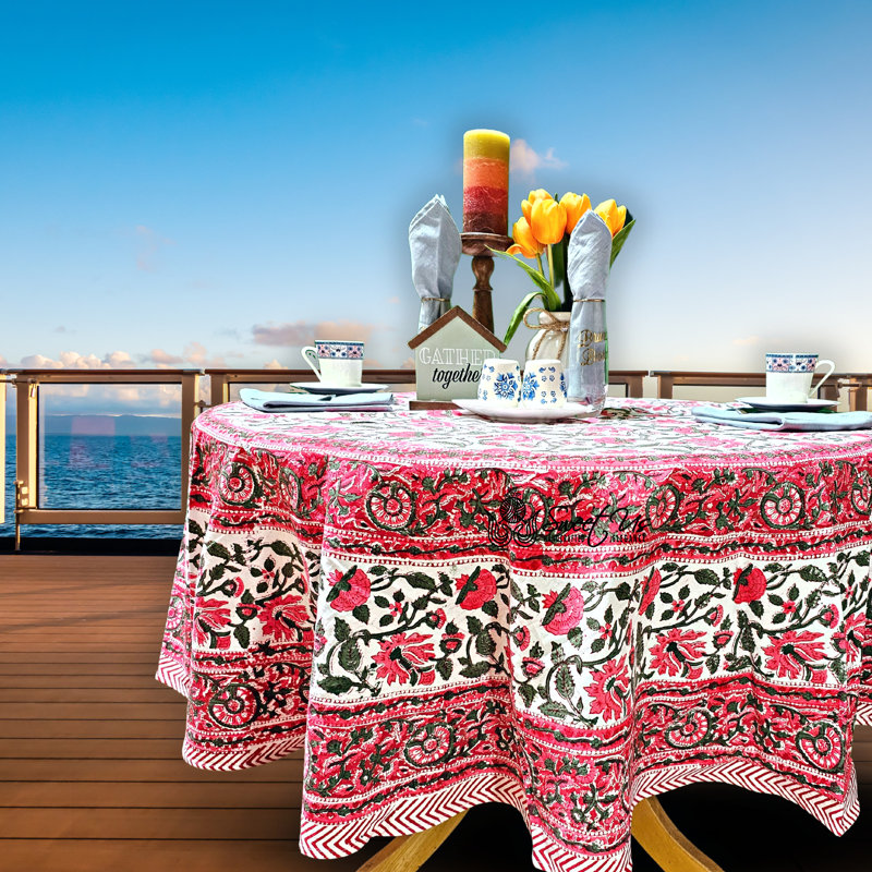 Block Print Cotton Floral Tablecloth White Red, 60" x 60"