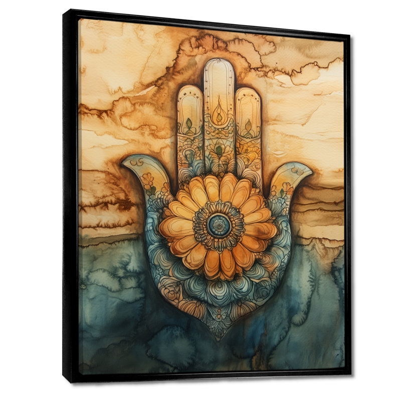 Hamsa of Golden Protection - Boho, art mural encadré abstrait, H 20 po x l 12 po, Cadre flottant noir