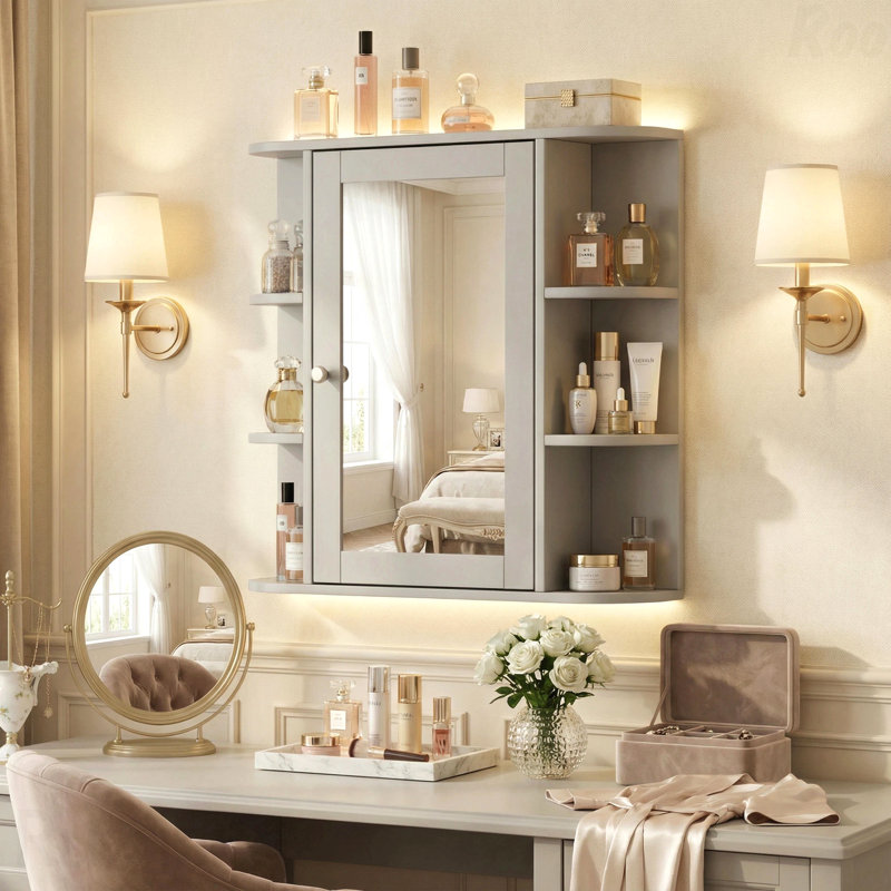 Bathroom Wall Storage Cabinet With Mirror, Medicine Cabinet With Adjustable Wood Shelf & Doors, Mounted Storage Cabinets With 6 Open Shelves, Gray
