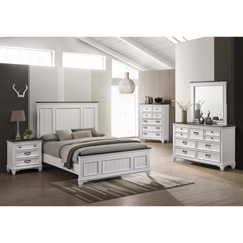 Ensemble de chambre à coucher, Grand, Lit, table de chevet, commodes, miroir de commode