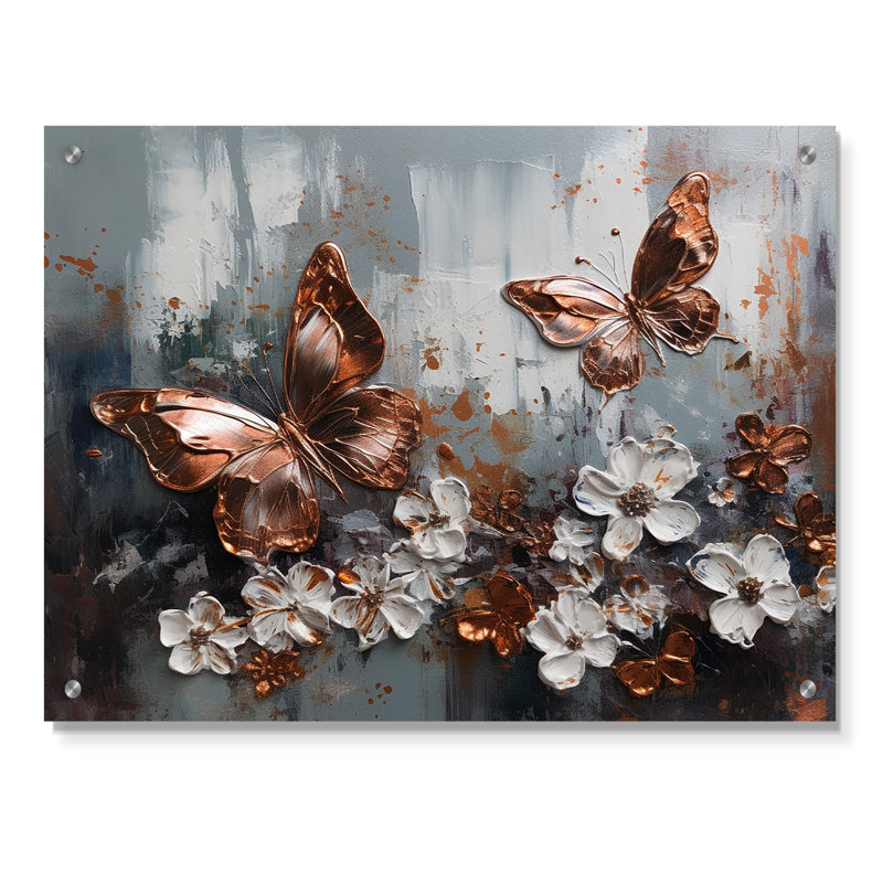 Or rose papillon, ailes et fleurs III - art mural floral acrylique, H 12 po x l 20 po