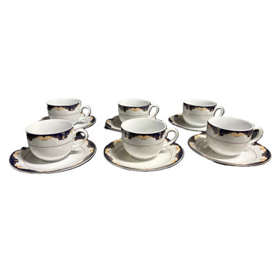 Porcelain Teacup & Saucer Set - White With Blue & Gold Scroll Design (set Of 6)