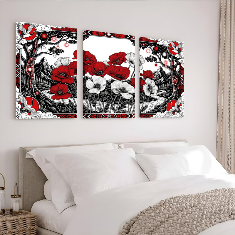 Coquelicot rouge et fleur blanche avec arbre noir et montagnes, reproduction d'art sur toile tendue sur toile, ensemble de 3, pour salon, chambre à coucher, décoration intérieure