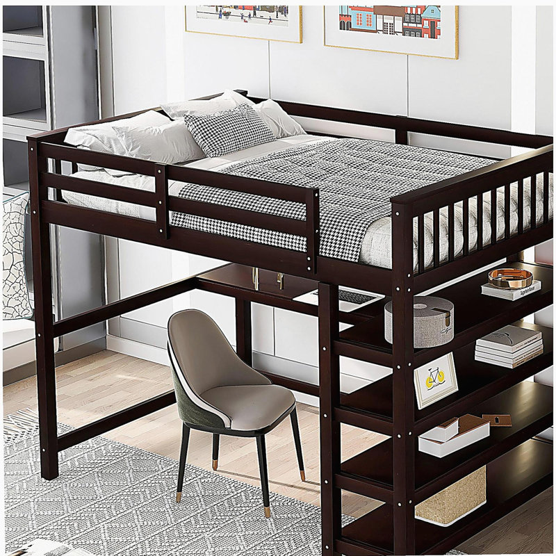 Lit mezzanine double avec tablettes de rangement et bureau sous le lit, gris, Gris