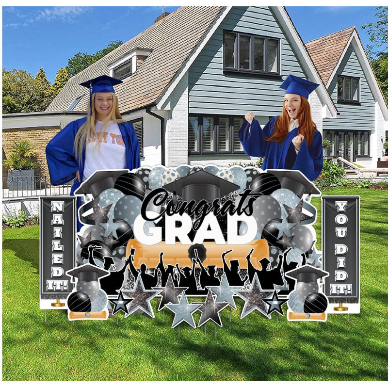 Ensemble de panneaux Jumbo Graduation Yard, 6 pi x 3 pi, comprenant des piquets, Argent