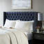 Tête de lit tapissier glamour pour grand lit, bouton avec garniture cloutée double, bleu marine, tête de lit grand avec pieds en métal noir réglables, décor, hauteur,-253785133