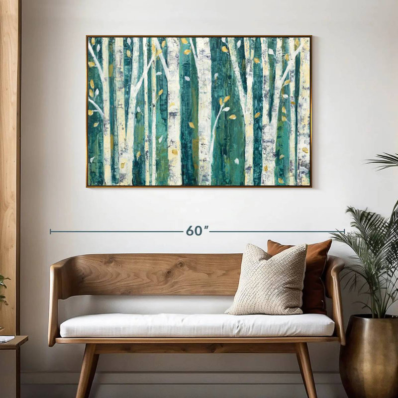 Bouleaux au printemps III, 46 po x 31 po, Cadre flottant doré