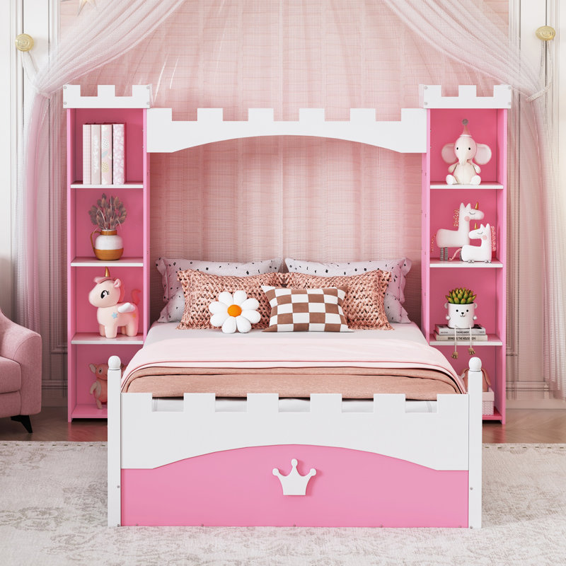 Lit en bois en forme de château avec tablette de rangement, lit plateforme simple Dreamy pour chambre d'enfant, cadre de lit