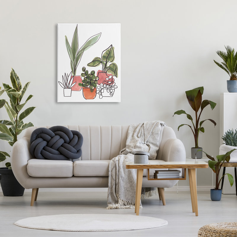 Plantes vertes dans des jardinières orange, feuillage abstrait moderne par June Erica Vess, Toile tendue