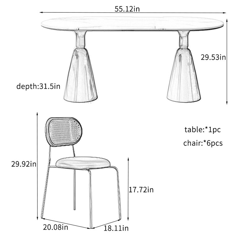 Light Luxury Rock Panel Oval Dining Table Sets., 29.53"H x 55.12"L x 31.5"W