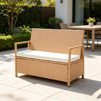 Banc de rangement extérieur en rotin PE 70 gallons, boîte de patio imperméable 2 en 1 avec couvercle de sécurité pneumatique et coussin lavable amovible