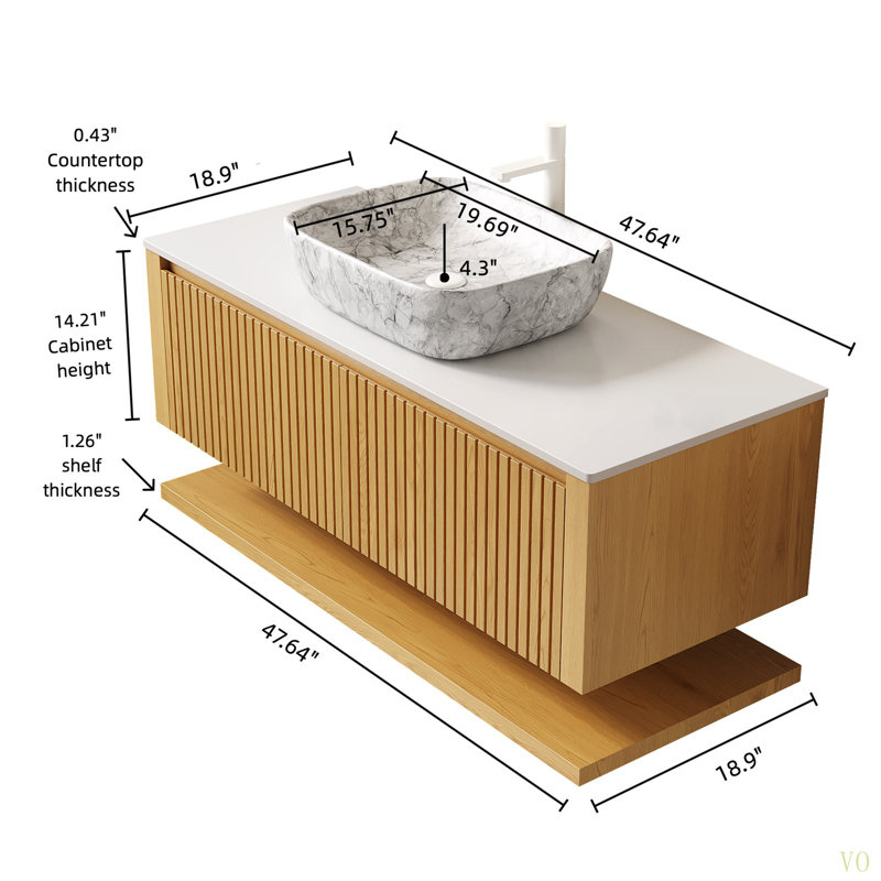 Meuble-lavabo de salle de bain 48 po Hizon, armoire de rangement flottante en contreplaqué avec tiroirs et tablette ouverte, vasque en céramique à motif marbré et plateau en pierre frittée, préassemblée