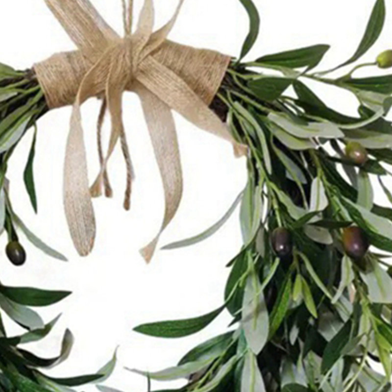 Couronne de feuille d'olivier artificielle avec nœud en toile de jute, couronne de porte d'entrée pour maison de campagne et décoration rustique