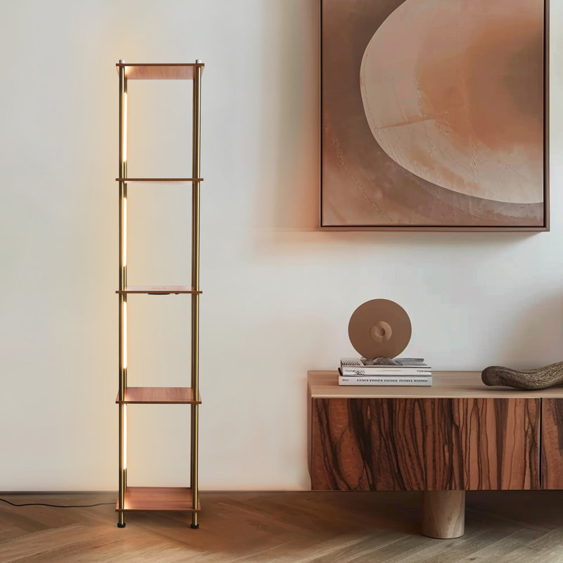 Aria Brass Finish LED Floor Lamp with Wireless Charging & Adjustable Shelves