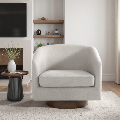 Applewold Upholstered Khaki Cotton Blend Swivel Barrel Chair with Solid Wood Base