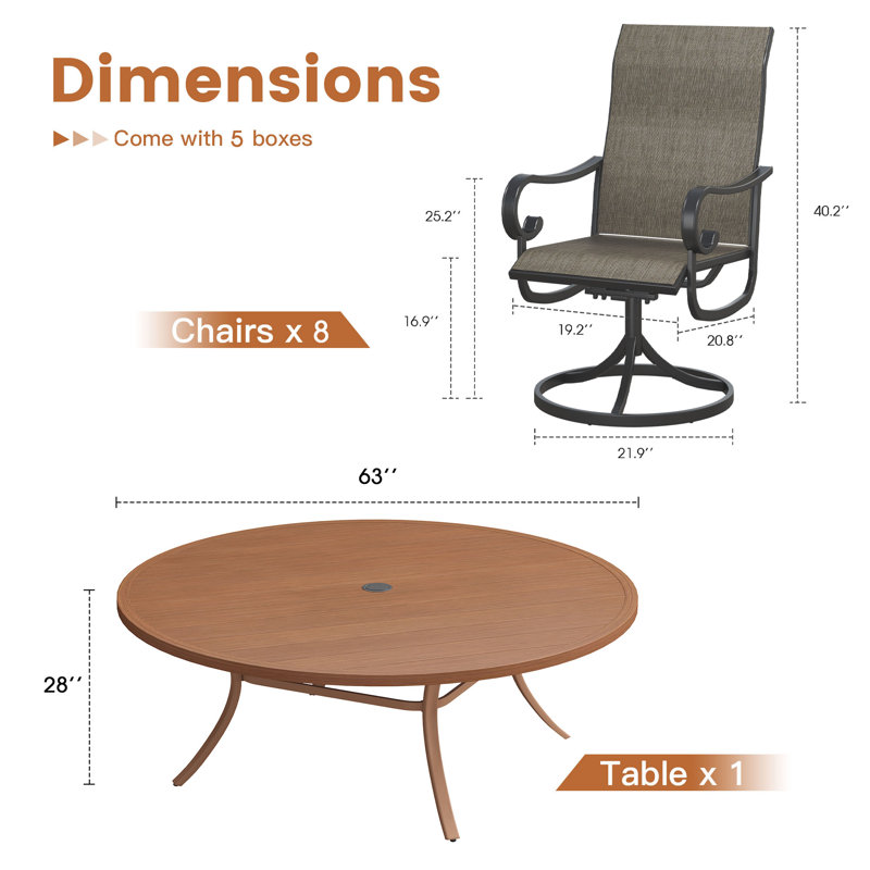 Ensemble de salle à manger pour 8 personnes avec table ronde 63 po et 8 chaises pivotantes en textilène