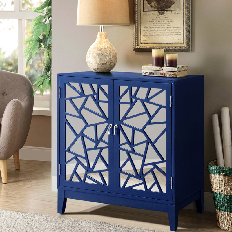 Console bleue à 2 portes - Portes à motif géométrique en miroir pour un grand espace de rangement en bois et en verre