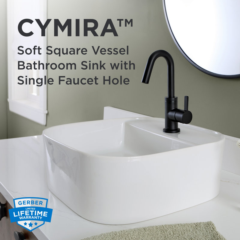 Gerber Cymira 16 In. Soft Square Vessel Bathroom Sink, Above-Counter Glazed White Fireclay Ceramic Vanity Sink With Faucet Hole, Modern Transitional Basin Sink Bowl