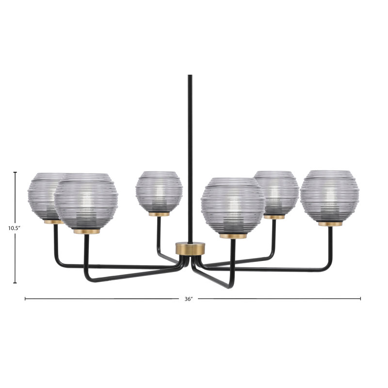 Lustre 6 lumières Amarmula, noir mat et finition laiton nouvel âge, verre fumé 6 po, Transparent/noir, Noir/laiton