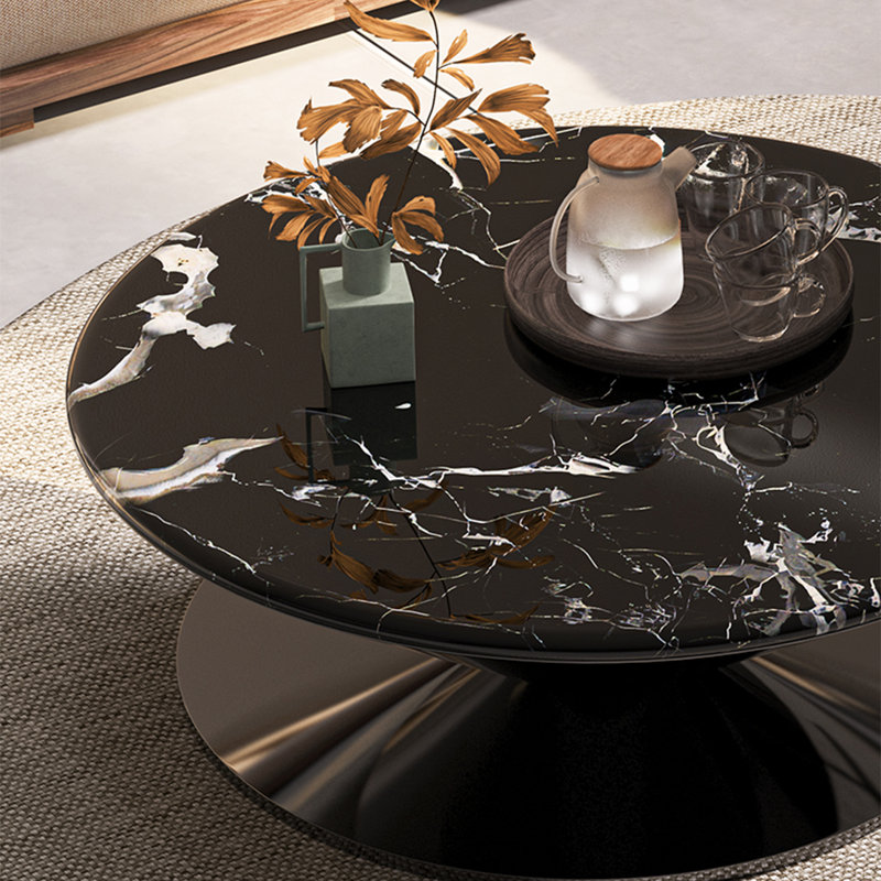 Table basse ronde en marbre avec soucoupe volante, H 15 po x L 35,4 po x l 35,4 po, Noir