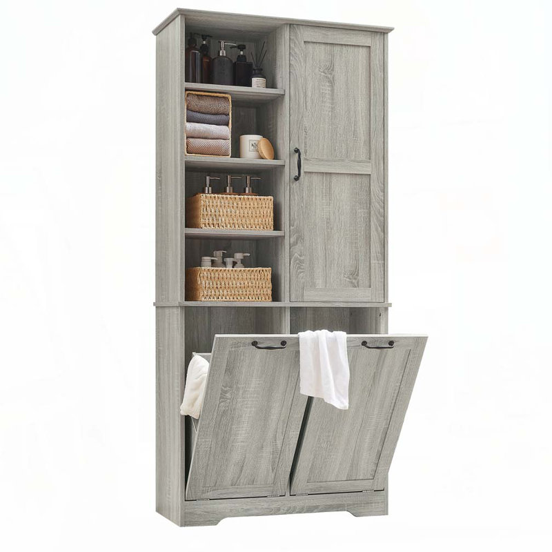 Armoire de rangement de salle de bain avec portes et tiroirs, panier à linge inclinable, plusieurs espaces de rangement