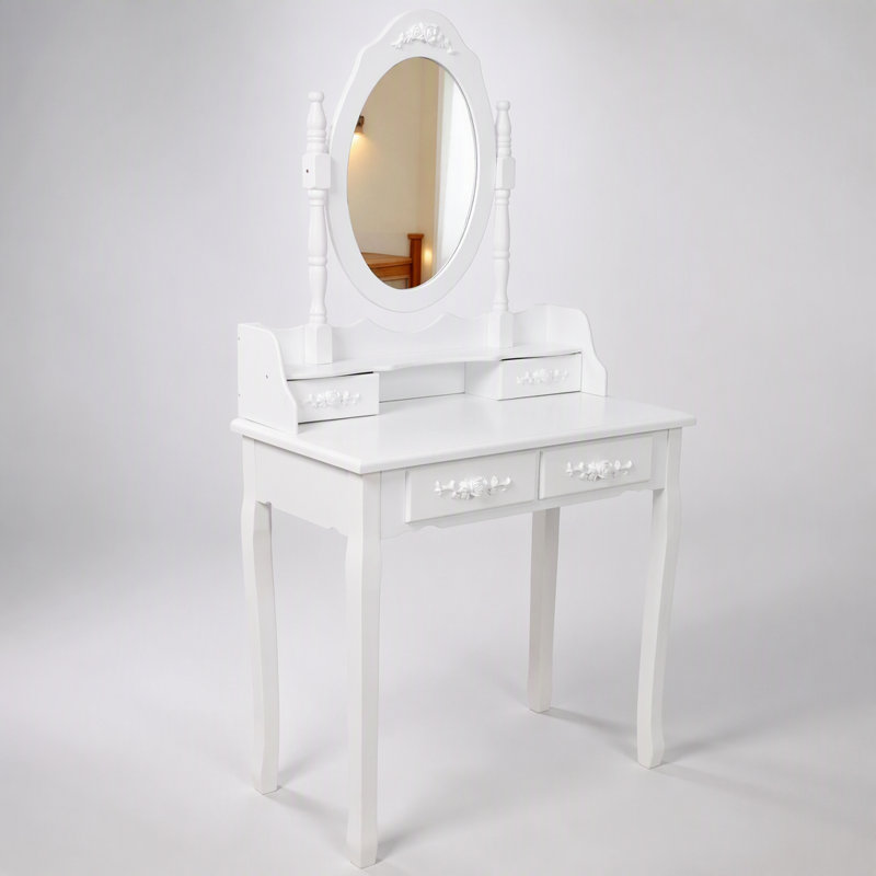 Ensemble de coiffeuse blanche princesse avec miroir pivotant à 360°, table de maquillage en bois à 4 tiroirs pour chambre de fille, grand espace de rangement et tabouret confortable