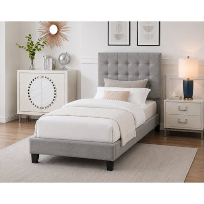 Lit plateforme tapissier contemporain avec tête de lit ajustable, lit en lin, gris, simple Contemporary