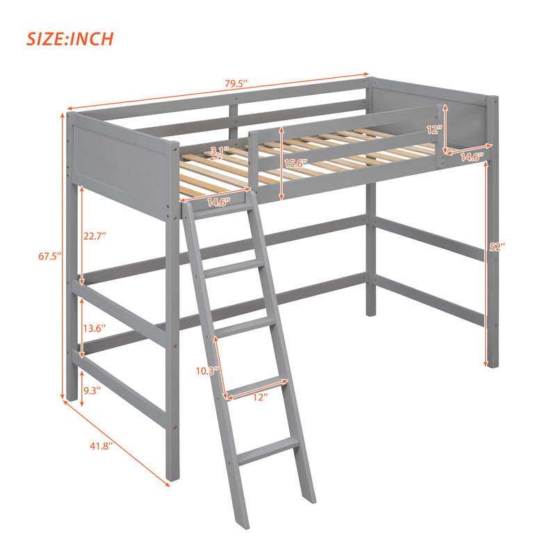 Twin Size Solid Wood Loft Bed with Ladder, Safety Guard Rails, Slat Support, No Box Spring Needed, Gray