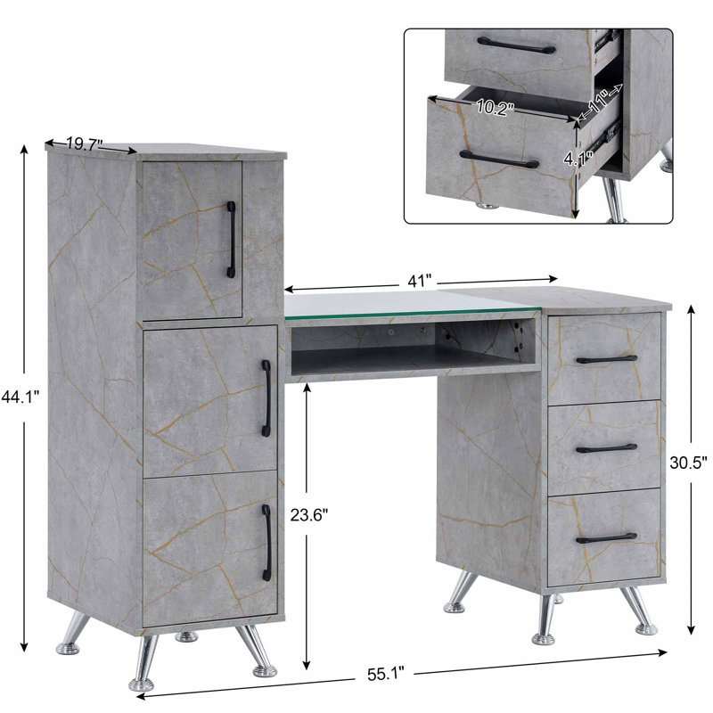 Classic Manicure Table with Glass Top, Nail Desk with Drawers, Vanity Makeup Desk, Gray