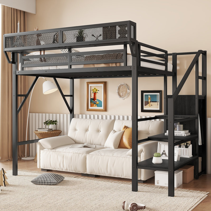 Metal Loft Bed Frame With Wardrobe, Storage Shelves, Black