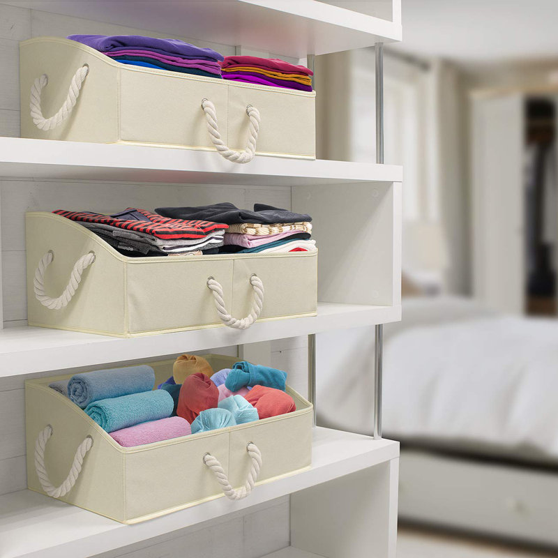 Beige Fabric Collapsible Storage Bins with Rope Handles, Set of 3