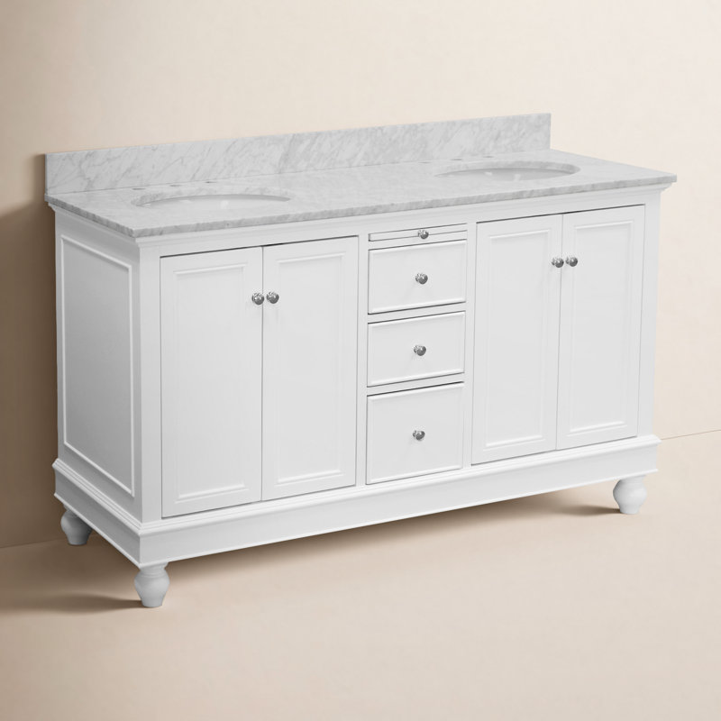 Ensemble de meuble-lavabo double 60 po Ferdinand, Blanc, Marbre de Carrare