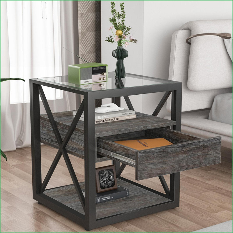Table basse en bois aggloméré avec plateau en verre trempé, facile à nettoyer et amp; Rangement intelligent pour le salon