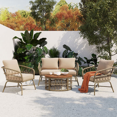 Bohemia-Inspired 4-Person Outdoor Seating Group With Removable Cushions, Conversation Patio Set With Wood Tabletop