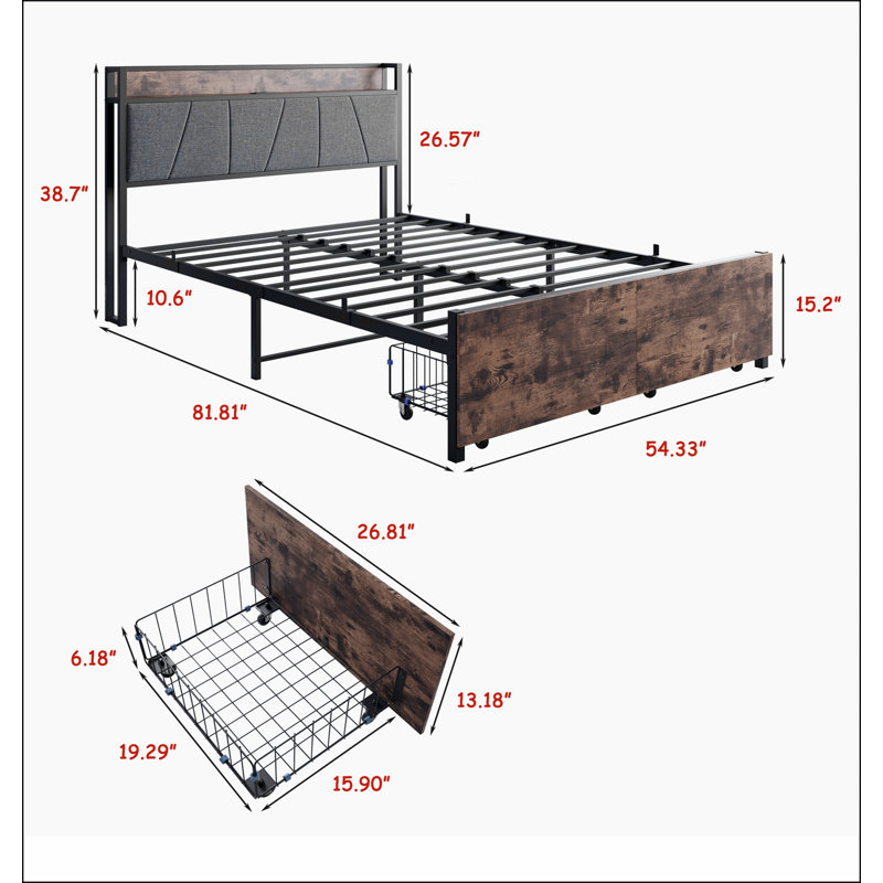 Base de lit, tête de lit avec station de charge et 2 tiroirs de rangement, Double