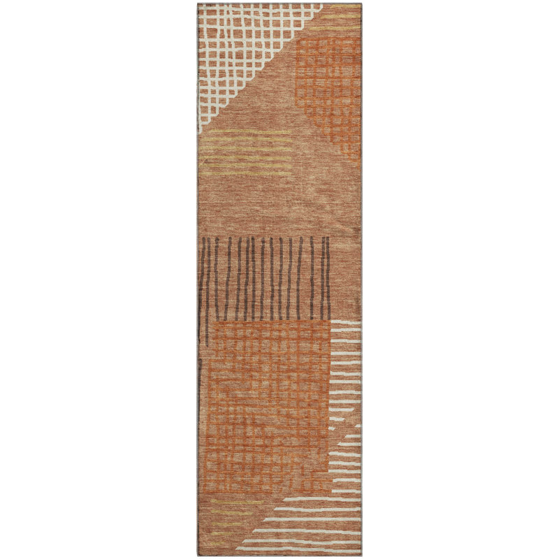 Premium Machine Washable Mayfield AMF2270 Striped Rug, 2'3" x 7'6" Runner, Paprika