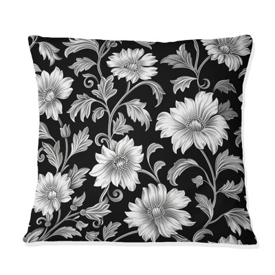 Black White Secret Floral Gardens II - Traditional Throw Pillow