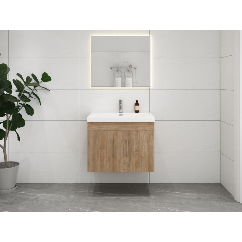 Ensemble de meuble-lavabo mural simple 30 po Carliss, Naturel / chêne, Or