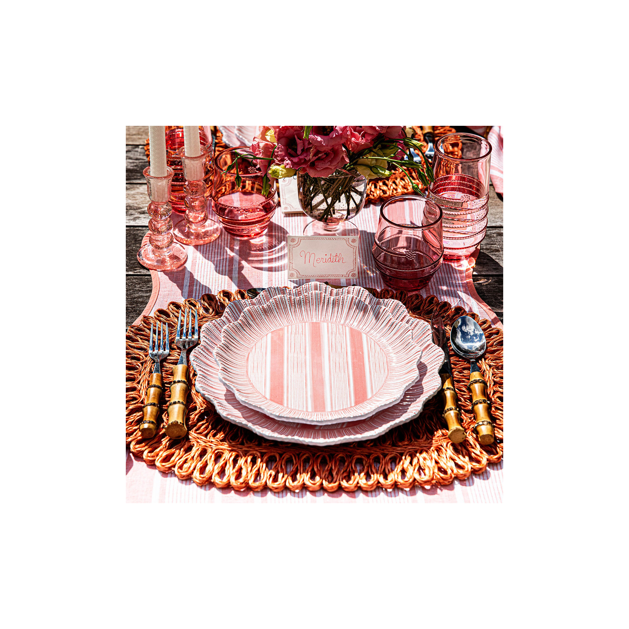Cabana Stripe Melamine Dinner Plates, Coral