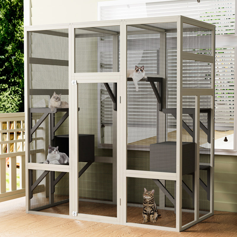 Spacieux extérieur en bois massif gris, 5 plateformes, 2 aires de repos, structure météo, détente féline Cat Relax